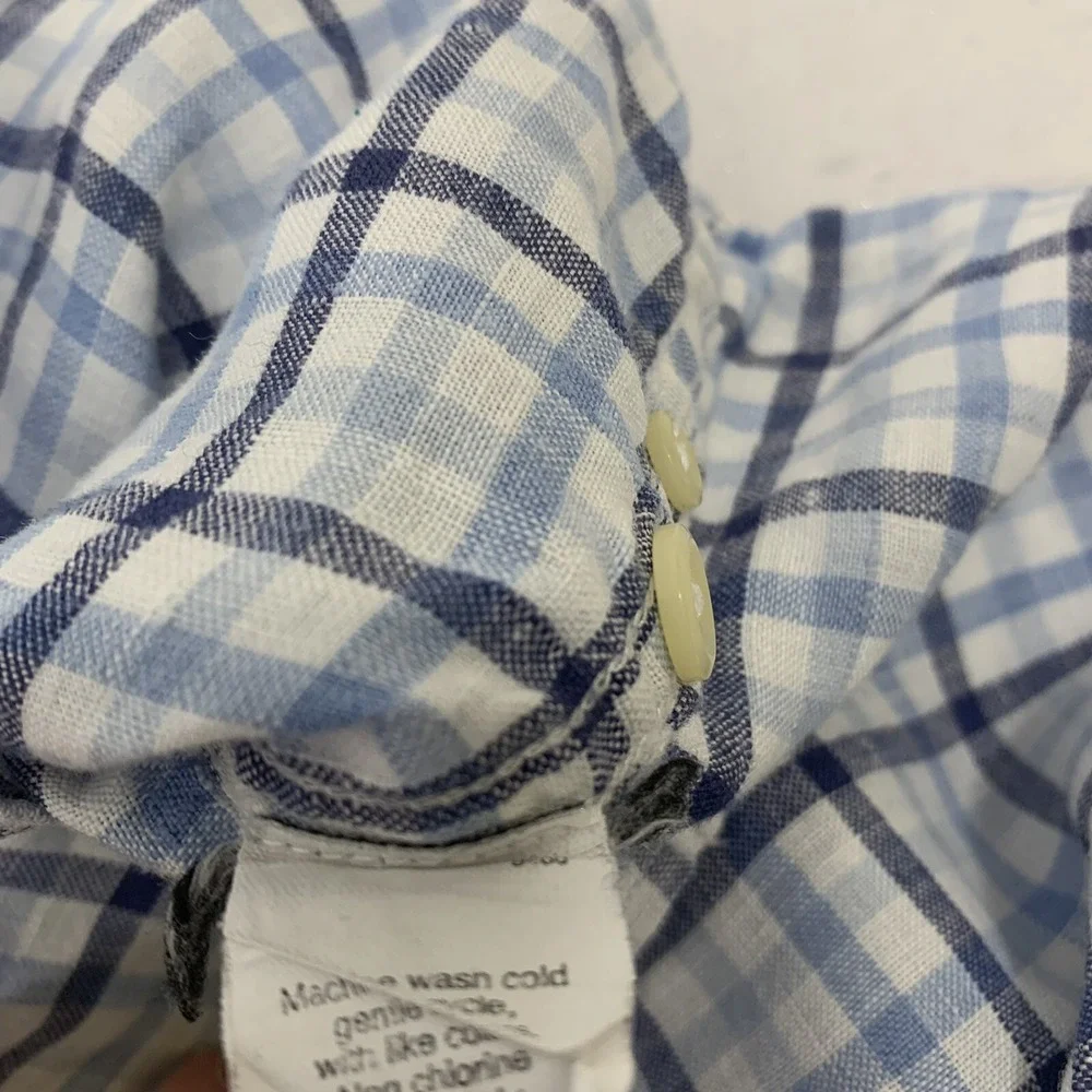 J Crew  Plaid Blue Irish Linen Button Up  Shirt Men  XL  Long Sleeve Travel Work